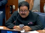 Congress MP Rajiv Shukla speaking at the United Nations. 