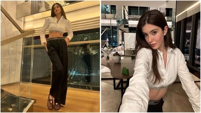 In another look, she wore a white cropped shirt paired with black pants. Accessorised with black net gloves and diamond stud earrings, she rocked the classic black-and-white combo. (Instagram/@shanayakapoor02) In another look, she wore a white cropped shirt paired with black pants. Accessorised with black net gloves and diamond stud earrings, she rocked the classic black-and-white combo. (Instagram/@shanayakapoor02)