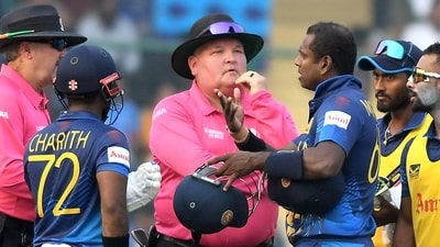 Angelo Mathews in a discussion with the umpires after being timed out during Sri Lanka's group match against Bangladesh in the 2023 World Cup in New Delhi. (ANI)