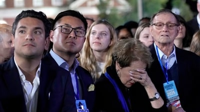 Supporters watch as results come in at an election night campaign watch party for Democratic presidential nominee Vice President Kamala Harris, Tuesday, Nov. 5, 2024, on the campus of Howard University in Washington. (AP Photo/Susan Walsh) (AP) Supporters watch as results come in at an election night campaign watch party for Democratic presidential nominee Vice President Kamala Harris, Tuesday, Nov. 5, 2024, on the campus of Howard University in Washington. (AP Photo/Susan Walsh) (AP)