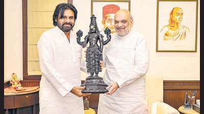 Andhra Pradesh deputy CM Pawan Kalyan meets Union home minister Amit Shah in New Delhi on Wednesday. (PTI) Andhra Pradesh deputy CM Pawan Kalyan meets Union home minister Amit Shah in New Delhi on Wednesday. (PTI)