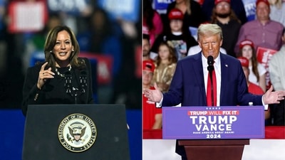 US Election Result 2024 highlights: This combination of pictures shows
US Vice President and Democratic presidential candidate Kamala Harris (Left) in Philadelphia and former US President and Republican presidential candidate Donald Trump in Michigan on November 5, 2024. (AFP) US Election Result 2024 highlights: This combination of pictures shows
US Vice President and Democratic presidential candidate Kamala Harris (Left) in Philadelphia and former US President and Republican presidential candidate Donald Trump in Michigan on November 5, 2024. (AFP)