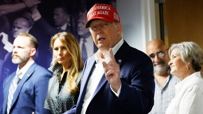 Republican presidential nominee former President Donald Trump thanks his staff at his campaign headquarters on Election Day, November 05, 2024 in West Palm Beach, Florida. (AFP) Republican presidential nominee former President Donald Trump thanks his staff at his campaign headquarters on Election Day, November 05, 2024 in West Palm Beach, Florida. (AFP)