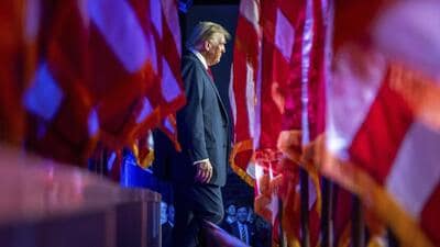 Republican presidential nominee former President Donald Trump arrives at an election night watch party at the Palm Beach Convention Center on Wednesday in West Palm Beach, Fla. (AP) Republican presidential nominee former President Donald Trump arrives at an election night watch party at the Palm Beach Convention Center on Wednesday in West Palm Beach, Fla. (AP)