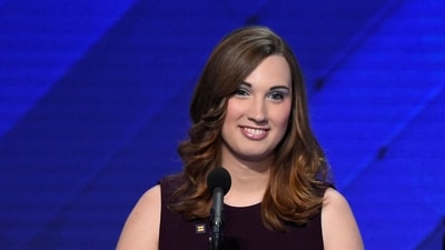 LGBT rights activist Sarah McBride addresses delegates on the fourth and final day of the Democratic National Convention. (AFP) LGBT rights activist Sarah McBride addresses delegates on the fourth and final day of the Democratic National Convention. (AFP)