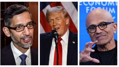 Google CEO Sundar Pichai, US president-elect Donald Trump and Microsoft Chairman and CEO Satya Nadella. (PTI, AFP) Google CEO Sundar Pichai, US president-elect Donald Trump and Microsoft Chairman and CEO Satya Nadella. (PTI, AFP)