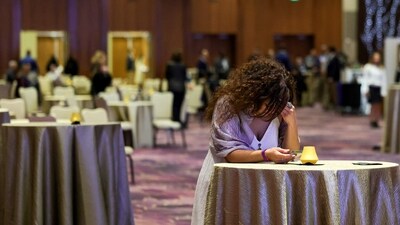 Ivet Aldaba cries at the Nevada Democratic Party's election results watch party after Pennsylvania was called for Donald Trump at Aria Resort &amp; Casino on November 05. (Getty Images via AFP)