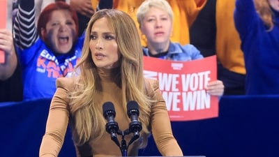 Jennifer Lopez speaks at a campaign rally for Democratic presidential nominee U.S. Vice President Kamala Harris, in North Las Vegas, Nevada, U.S., October 31, 2024. (REUTERS)