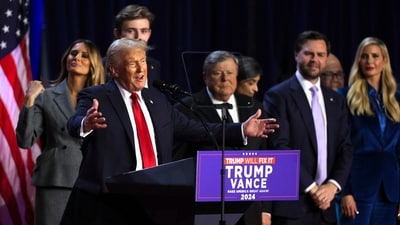 The family members who joined Trump on stage included Melania Trump, sons Eric, 40, and Donald Trump Jr., 46, Barron, 18, daughters, Tiffany, 31, and Ivanka and granddaughter Kai, 17. (REUTERS)