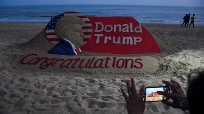 A view of a sand sculpture depicting Republican Donald Trump after he won the U.S. presidential election. (Reuters)