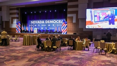 After people walk out, only a small number of guests and dozens of empty tables remain at Nevada's Democratic election watch party. (Getty Images via AFP)