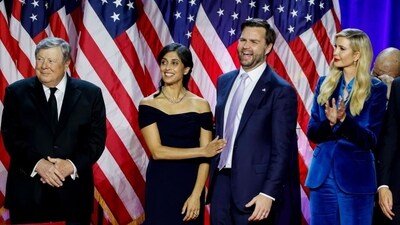 Usha Chilukuri Vance, wife of JD Vance, centre left, Senator JD Vance, a Republican from Ohio and Republican vice-presidential nominee, centre right, during an election night event with former US President Donald Trump, not pictured, at the Palm Beach Convention Center in West Palm Beach, Florida, US, on Wednesday. (Bloomberg) Usha Chilukuri Vance, wife of JD Vance, centre left, Senator JD Vance, a Republican from Ohio and Republican vice-presidential nominee, centre right, during an election night event with former US President Donald Trump, not pictured, at the Palm Beach Convention Center in West Palm Beach, Florida, US, on Wednesday. (Bloomberg)