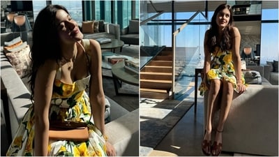 In the sun-kissed look, she wore a white mini dress adorned with a vibrant yellow floral print. She styled it with a chic sling bag and brown flats, exuding effortless charm. (Instagram/@shanayakapoor02) In the sun-kissed look, she wore a white mini dress adorned with a vibrant yellow floral print. She styled it with a chic sling bag and brown flats, exuding effortless charm. (Instagram/@shanayakapoor02)