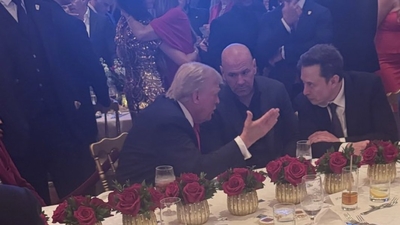 Tuesday, November 5: Donald Trump, UFC's Dana White and Elon Musk caught in a dialogue at the former president's election night watch party at Mar-a-Lago beach resort in Florida. (X/Twitter)