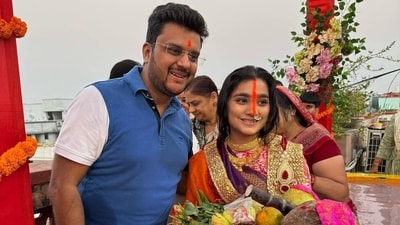 Neha Marda and her husband during Chhath Puja