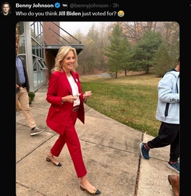 US Election 2024: Jill Biden cast her vote in a red outfit. (X/@Benny Johnson) US Election 2024: Jill Biden cast her vote in a red outfit. (X/@Benny Johnson)