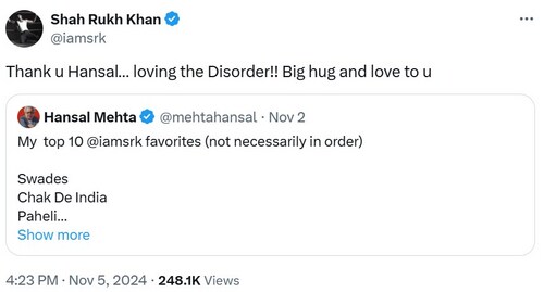 Shah Rukh responded to Hansal's wish too. Shah Rukh responded to Hansal's wish too.