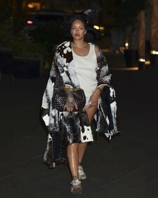 Singer Rihanna steps out in a cowhide furry jacket (Photo: Instagram)