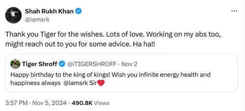 Shah Rukh replied to Tiger's tweet too. Shah Rukh replied to Tiger's tweet too.