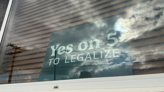 A sign in an apartment window in Bismarck, N.D., in support of a ballot initiative that would legalize recreational marijuana in the state. (AP Photo/Jack Dura) (AP)