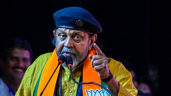 Dadasaheb Phalke award winner actor Mithun Chakraborty addressing during the inauguration of Bharatiya Janata Party's (BJP) membership drive in West Bengal event at EZCC auditorium in Kolkata, India, on Sunday, October 27, 2024. (Photo by Samir Jana/ Hindustan Times) (Hindustan Times)