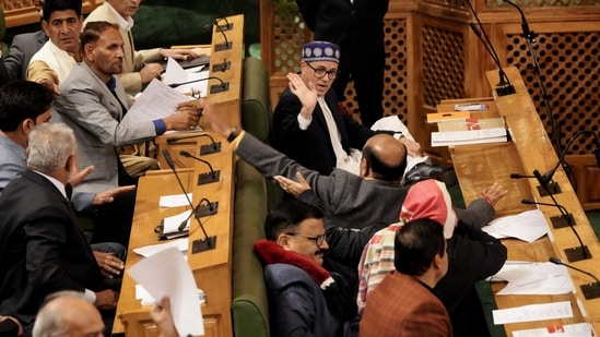 Jammu and Kashmir chief minister Omer Abdullah reacts after Dy CM Surinder Choudhary moved a resolution in the Assembly asking Centre to hold dialogue with MLAs for restoration of Article 370. (PTI)