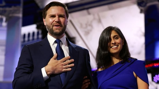 Republican vice presidential candidate, U.S. Sen. J.D. Vance with his wife Usha Chilukuri Vance (Getty Images via AFP)