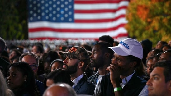 Supporters watch election results as they attend an election night event for US Vice President and Democratic presidential candidate Kamala Harris at Howard University in Washington, DC, on November 5, 2024. (AFP)