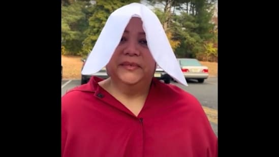 NJ mom votes in creepy Handmaid’s Tale outfit, reveals which candidate makes her feel threatened (New York Post screenshot)