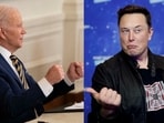 Is US President Joe Biden (L) guilty of ignoring Elon Musk-led Tesla in US push for EVs?