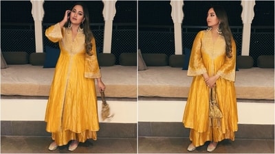  In her first look, Sonakshi stuns in a yellow zardosi-embroidered long silk jacket paired with palazzo pants by Anita Dongre, priced at <span class='webrupee'>₹</span>45,000 (Instagram/@aslisona) In her first look, Sonakshi stuns in a yellow zardosi-embroidered long silk jacket paired with palazzo pants by Anita Dongre, priced at <span class='webrupee'>₹</span>45,000 (Instagram/@aslisona)