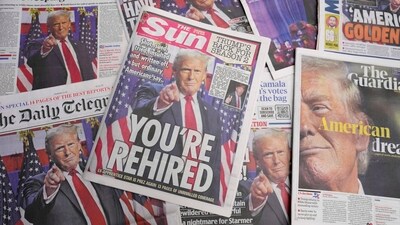 Britain's newspapers front pages reporting on U.S. President-elect Donald Trump in the U.S. presidential election, are seen in London, Thursday, Nov. 7, 2024. AP/PTI(AP11_07_2024_000132A) (AP) Britain's newspapers front pages reporting on U.S. President-elect Donald Trump in the U.S. presidential election, are seen in London, Thursday, Nov. 7, 2024. AP/PTI(AP11_07_2024_000132A) (AP)