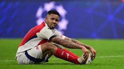 Arsenal striker Gabriel Jesus reacts at the end of the UEFA Champions League match against Inter Milan. (AFP) Arsenal striker Gabriel Jesus reacts at the end of the UEFA Champions League match against Inter Milan. (AFP)