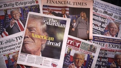A picture taken in London on November 7, 2024 shows the frontpages of some of Britain's national newspapers about the re-election of US President-elect Donald Trump. (Photo by HENRY NICHOLLS / AFP) (AFP) A picture taken in London on November 7, 2024 shows the frontpages of some of Britain's national newspapers about the re-election of US President-elect Donald Trump. (Photo by HENRY NICHOLLS / AFP) (AFP)