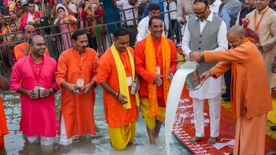 Uttar Pradesh Chief Minister Yogi Adityanath performs ritual during Chhath Puja, at Laxman Mela Ground on the banks of the River Gomti in Lucknow. (PTI) Uttar Pradesh Chief Minister Yogi Adityanath performs ritual during Chhath Puja, at Laxman Mela Ground on the banks of the River Gomti in Lucknow. (PTI)