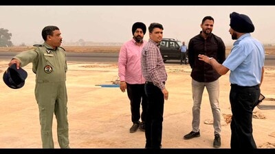 Deputy commissioner Jitendra Jorwal during a visit to the Halwara international airport site in Ludhiana on Thursday. (Hindustan Times)