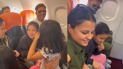 A moment of joy as a family meets MS Dhoni on a flight. (Screengrab Instagram/@iamnethra_gowdaa) A moment of joy as a family meets MS Dhoni on a flight. (Screengrab Instagram/@iamnethra_gowdaa)