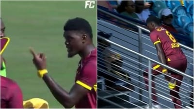 Alzarri Joseph leaves the field in anger (X) Alzarri Joseph leaves the field in anger (X)