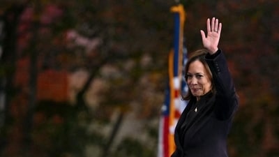 US Vice-President Democratic presidential candidate Kamala Harris waves at supporters after delivering her concession speech at Howard University in Washington, DC, on Wednesday. (AFP)