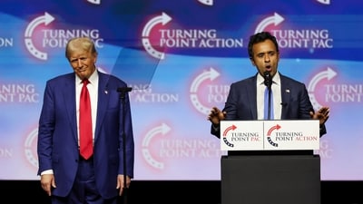Republican presidential nominee and former U.S. President Donald Trump and businessman and former Republican presidential candidate Vivek Ramaswamy attend a campaign event sponsored by conservative group Turning Point Action, in Las Vegas, Nevada, U.S. October 24, 2024. (REUTERS)