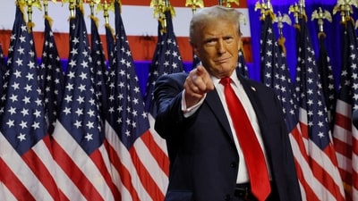 Republican presidential nominee and former U.S. President Donald Trump takes the stage to address supporters at his rally, at the Palm Beach County Convention Center in West Palm Beach, Florida, U.S., November 6, 2024. (REUTERS)
