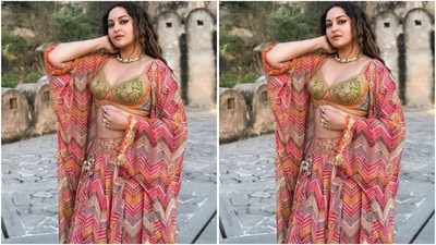 In another look, she rocked a green embellished blouse paired with a multicolored georgette kaftan jacket and flared skirt adorned with intricate gold-embroidered borders. (Instagram/@aslisona) In another look, she rocked a green embellished blouse paired with a multicolored georgette kaftan jacket and flared skirt adorned with intricate gold-embroidered borders. (Instagram/@aslisona)