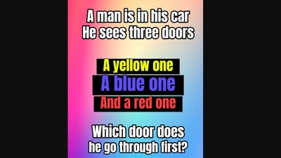 The puzzle reads: "Riddle me this. A man is in his car. He sees three doors. A yellow one, a blue one and a red one. Which door does he go through first?" (X/@Brainy_Bits_Hub)