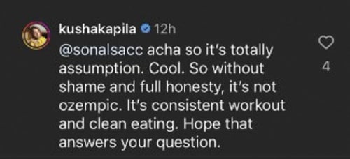 Kusha Kapila's reply to a user. (Photo: Instagram) Kusha Kapila's reply to a user. (Photo: Instagram)