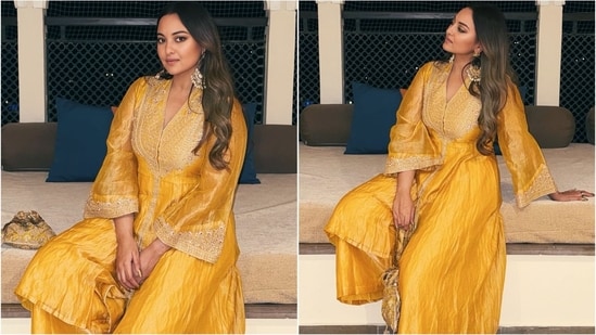 She accessorized her look with golden statement kundan earrings and a golden potli bag. She completed her look with minimal makeup and open hair.(Instagram/@aslisona)