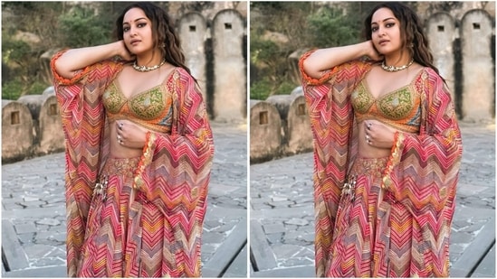 In another look, she wore a multicolored georgette kaftan jacket with a green embellished blouse and a flared skirt adorned with intricate gold embroidered border.(Instagram/@aslisona)