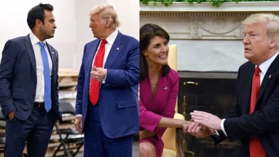 Vivek Ramaswamy and Nikki Haley with Donald Trump. (Instagram / AP)