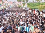 Telangana Chief Minister A. Revanth Reddy waves to the crowd during Musi Sankalp Yatra, at Sangem village in Yadadri Bhuvanagiri on Friday. (ANI)