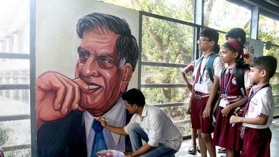 Mumbai, Oct 22 (ANI): An artist from NGO Project Mumbai gives final touches to a portrait of late Ratan Tata, Chairman Emeritus, Tata Sons at Currey Road Railway station as part of 'Hamara Station Hamari Shaan' initiative, in Mumbai on Monday. (ANI Photos) (Deepak Salvi)