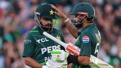Pakistan's not-out batters Babar Azam, right, and Abdullah Shafique celebrate. AP/PTI(AP11_08_2024_000210A) (AP) Pakistan's not-out batters Babar Azam, right, and Abdullah Shafique celebrate. AP/PTI(AP11_08_2024_000210A) (AP)